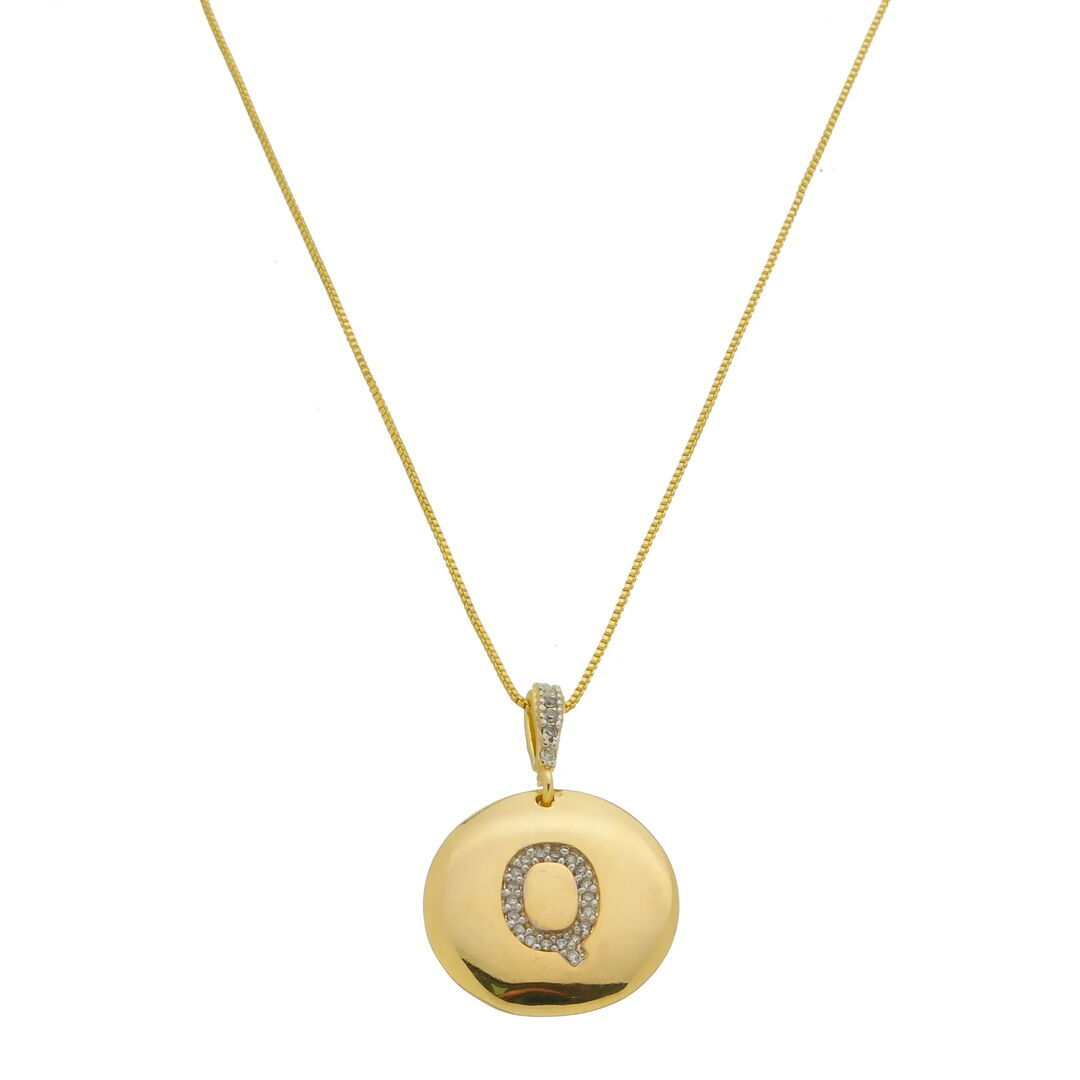 Pingente Letra Q Moeda Tássia Cravejado Cristal Dourado